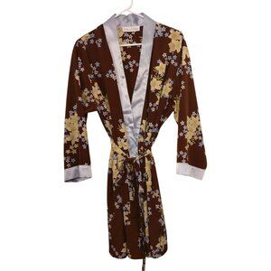 Oscar De La Renta Knee Length Satin Kimono Style Brown Floral Print Robe